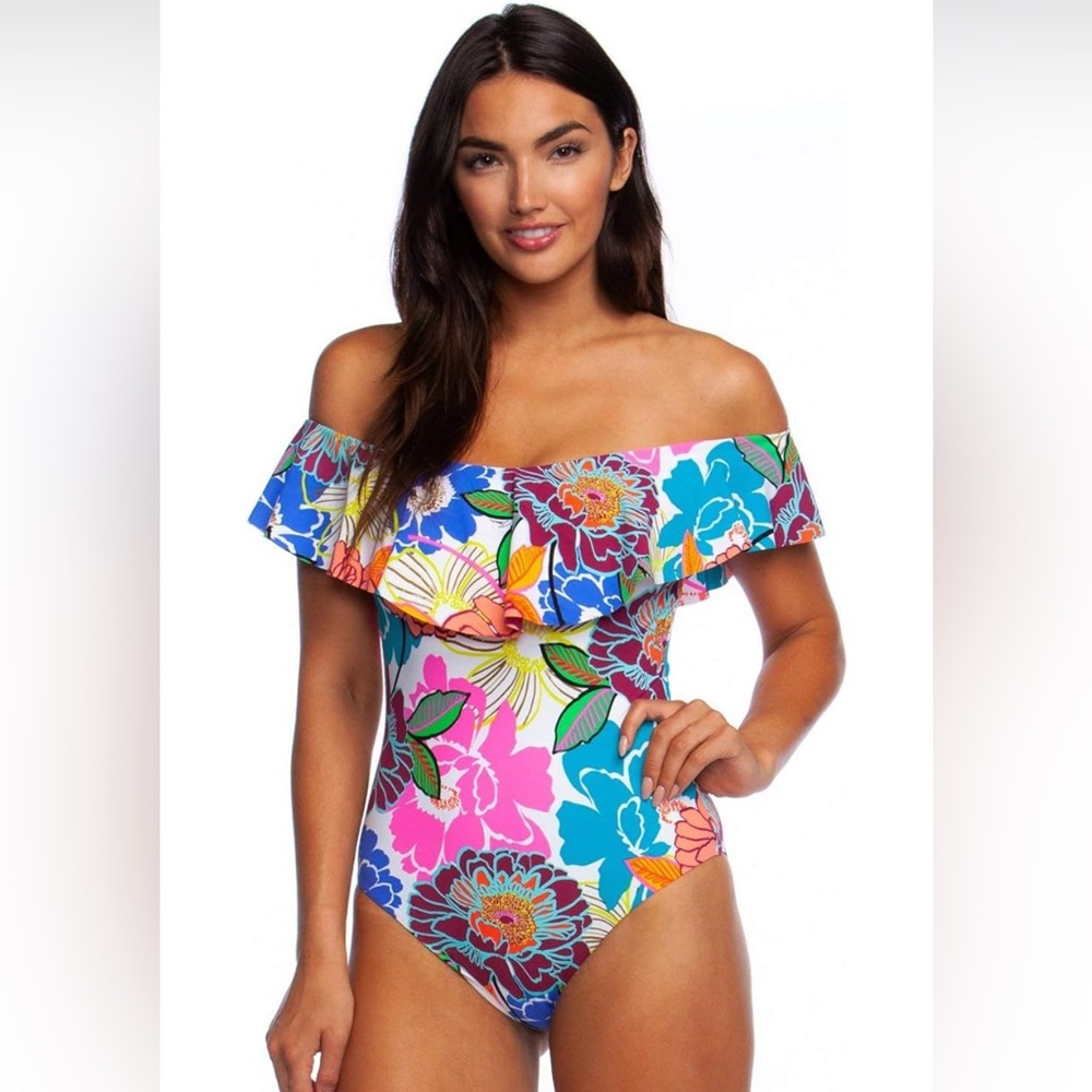 NWT $154 Sz 10 Trina Turk RADIANT BLOOM Off Shoulder One Piece Swimsuit